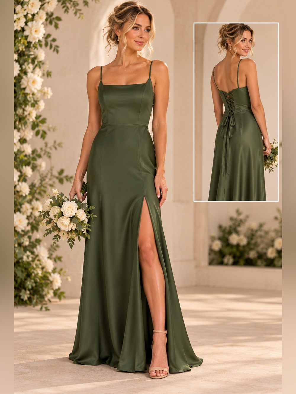 Birdy Grey Olive Green Satin Bridesmaid Dress Elegant Romantic Formal MOB Prom